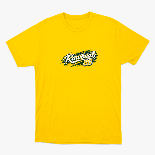 Camiseta com estampa frontal de "Rawbeat 88" em estilo gráfico dinâmico e estampa traseira de "Brasil 88" com design arrojado e número destacado.