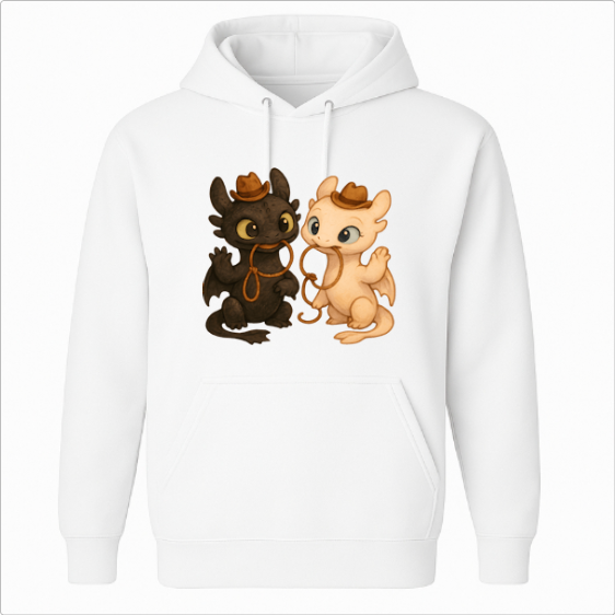 Moletom com estampa frontal de dois dragões caricatos usando chapéus de cowboy, interagindo de forma amigável enquanto seguram uma corda entre as patas.