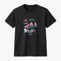 Camiseta com estampa frontal de quadrinhos mostrando personagens musculosos na academia, incluindo cenas de treino e um espelho refletindo um fisiculturista.