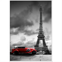 Quadro com estampa frontal de um carro vintage em destaque diante da Torre Eiffel, contrastando com o céu nublado ao fundo.