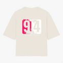 Camiseta com estampa frontal de números grandes e texto "Salmo 91:4" e estampa traseira semelhante, destacando os números e a mesma frase.
