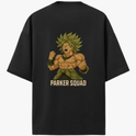 Camiseta com estampa frontal de letras estilizadas e estampa traseira de personagem musculoso em pose de poder acompanhado da frase "PARKER SQUAD".