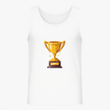 Camiseta regata com estampa frontal de troféu dourado detalhado sobre uma base de madeira, adicionando um toque de conquista e brilho ao design.