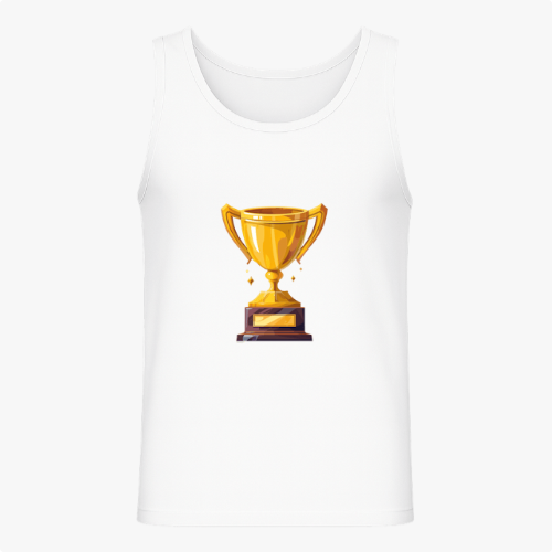 Camiseta regata com estampa frontal de troféu dourado detalhado sobre uma base de madeira, adicionando um toque de conquista e brilho ao design.