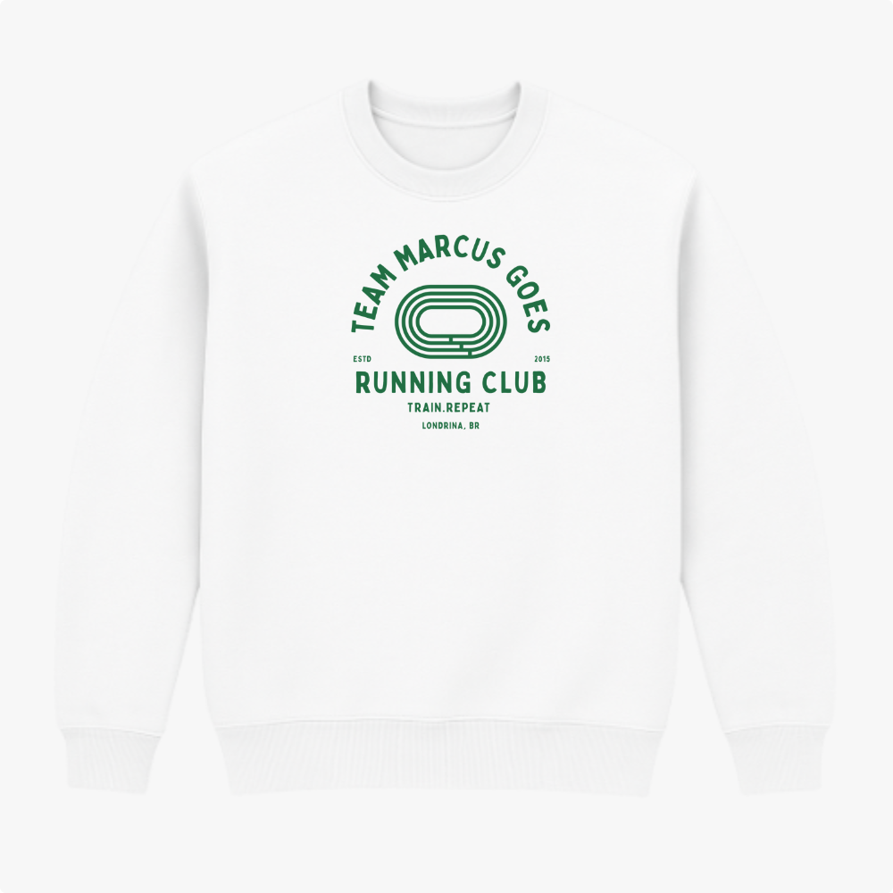 Moletom com estampa frontal de "ONE RUN. ONE WIN." e logotipo menor abaixo, e estampa traseira de ícone em forma de laço estilizado centralizado.