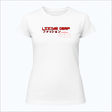 Camiseta com estampa frontal de texto em estilo futurista, acompanhado por caracteres japoneses e uma ilustração de um globo com linhas geométricas.