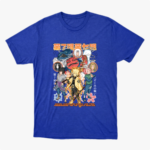 Camiseta com estampa frontal de personagens de anime em poses dinâmicas, rodeados por símbolos japoneses e detalhes florais, com texto em destaque.