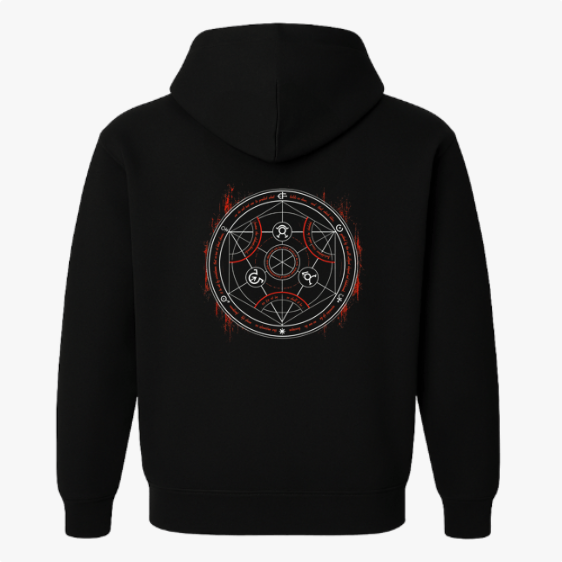 Moletom com estampa frontal de personagem estilizado com inscrições verticais e detalhes luminosos e estampa traseira de círculo místico com símbolos complexos.