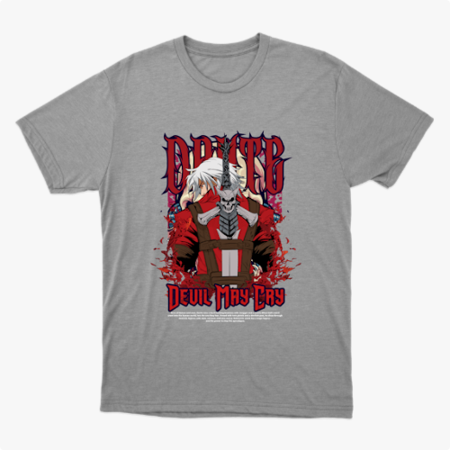 Camiseta com estampa frontal de personagem estilizado segurando uma espada grande, fundo cheio de detalhes gráficos intensos e letras estilizadas acima e abaixo.