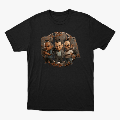 Camiseta com estampa frontal de três personagens estilizados em pose séria dentro de uma estrutura metálica envelhecida, com detalhes de ferrugem ao redor.