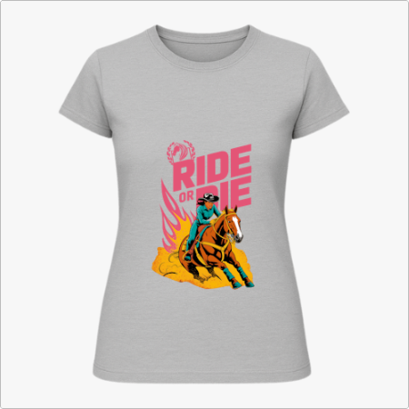 Camiseta com estampa frontal de um cowboy montado em cavalo sobreposto a chamas estilizadas, com a frase "Ride or Die" em letras grandes e robustas.
