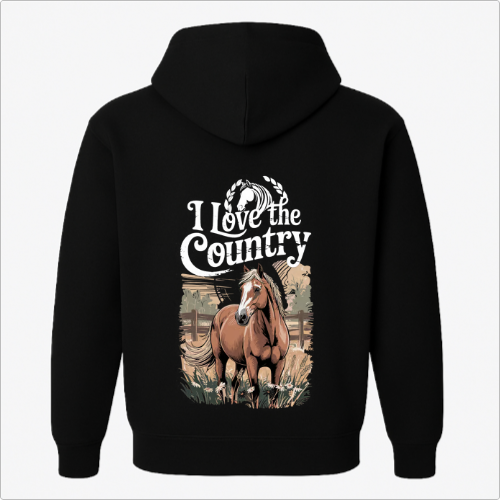 Moletom com estampa frontal de símbolo de cavalo emoldurado por louros e estampa traseira de cavalo realista com texto "I Love the Country".
