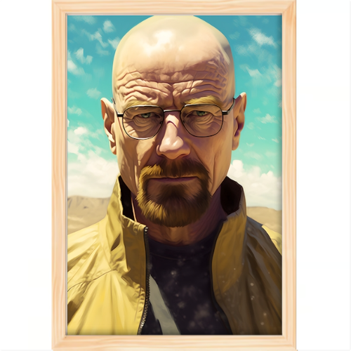 Quadro com estampa frontal de uma ilustração realista de um homem careca com óculos, expressão séria, usando jaqueta, contra céu azul com nuvens.