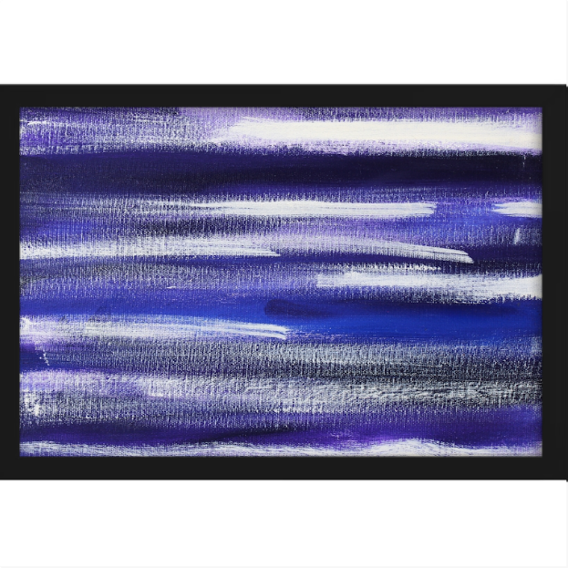 Quadro com estampa frontal de pinceladas horizontais abstratas em tons de azul e branco, criando um efeito artístico de listras sobrepostas e texturizadas.