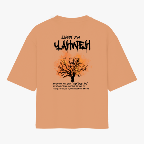 Camiseta com estampa frontal de texto estilizado "Vigia" e estampa traseira de árvore em chamas com inscrições "Exodus 3:14 Yahweh" e texto explicativo.