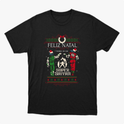 Camiseta com estampa frontal de figuras vestindo gorros de Natal em pose de poder, acompanhadas das palavras "Feliz Natal" e "Torne-se um Super Saiyan".