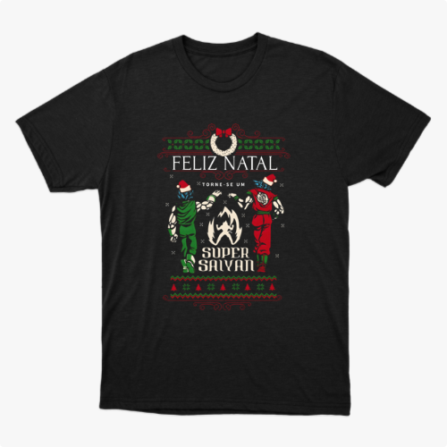 Camiseta com estampa frontal de figuras vestindo gorros de Natal em pose de poder, acompanhadas das palavras "Feliz Natal" e "Torne-se um Super Saiyan".