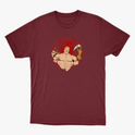 Camiseta com estampa frontal de guerreiro musculoso segurando uma arma sobre fundo circular e estampa traseira de personagem em pose poderosa com texto.