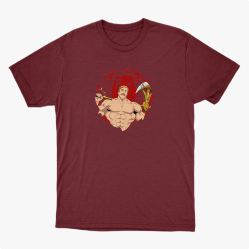 Camiseta com estampa frontal de guerreiro musculoso segurando uma arma sobre fundo circular e estampa traseira de personagem em pose poderosa com texto.