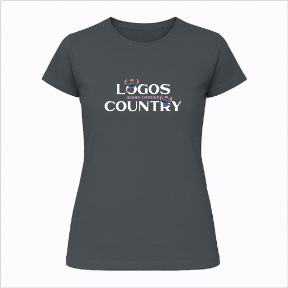 Camiseta com estampa frontal de letras destacadas "LOGOS COUNTRY" com um pequeno cowboy alegre entre as palavras, segurando o chapéu.