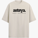 Camiseta com estampa frontal de "asteya" e "NÃO ROUBAR" e estampa traseira de "yamas" com lista de palavras como "satya", "brahmacharya", "ahimsa", "asteya" e "aparigraha".