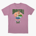 Camiseta com estampa frontal de um fisiculturista segurando uma tigela cheia de brócolis, com a palavra "Broccoli" em destaque acima dele.