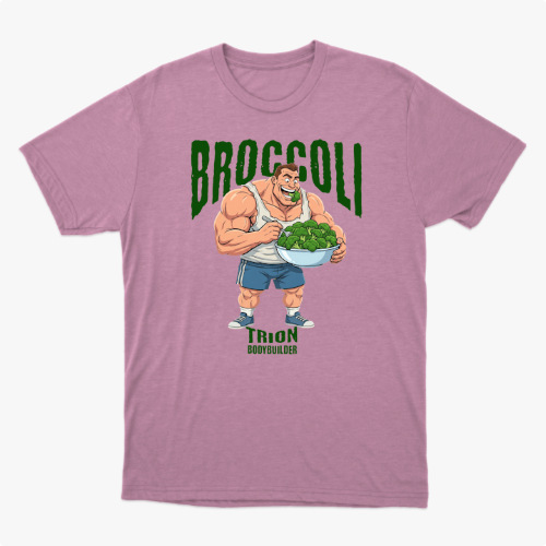 Camiseta com estampa frontal de um fisiculturista segurando uma tigela cheia de brócolis, com a palavra "Broccoli" em destaque acima dele.