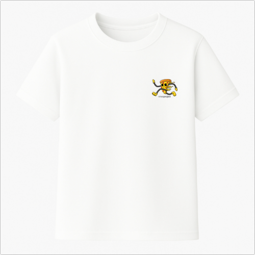 Camiseta com estampa frontal de uma fatia de pizza animada correndo e estampa traseira da mesma imagem com texto "ANTI RUNNING RUNNING CLUB" em letras grandes.