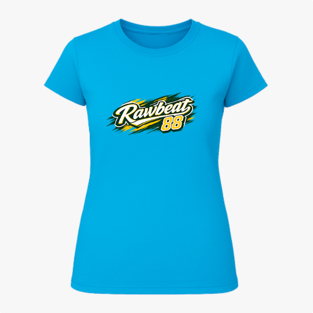 Camiseta com estampa frontal de "Rawbeat 88" em estilo esportivo dinâmico e estampa traseira de "Brasil 88" com mesmo estilo impactante.