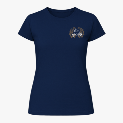 Camiseta com estampa frontal de "Filha do Agro" rodeada por folhas douradas e estampa traseira similar com o texto adicional "O campo é meu lugar".