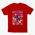 Camiseta com estampa frontal de personagens de anime em poses dinâmicas, cercados por quadrados com retratos menores e textos estilizados japoneses.