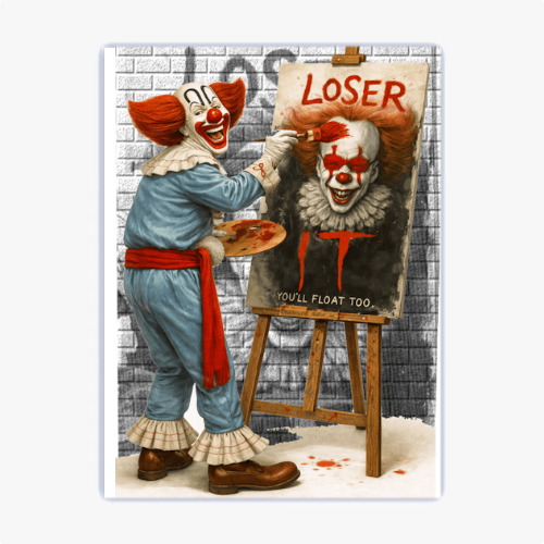 "Quadro com estampa frontal de palhaço pintando nariz e olhos de figura sorridente em cartaz com palavras 'Loser' e 'You'll float too'."