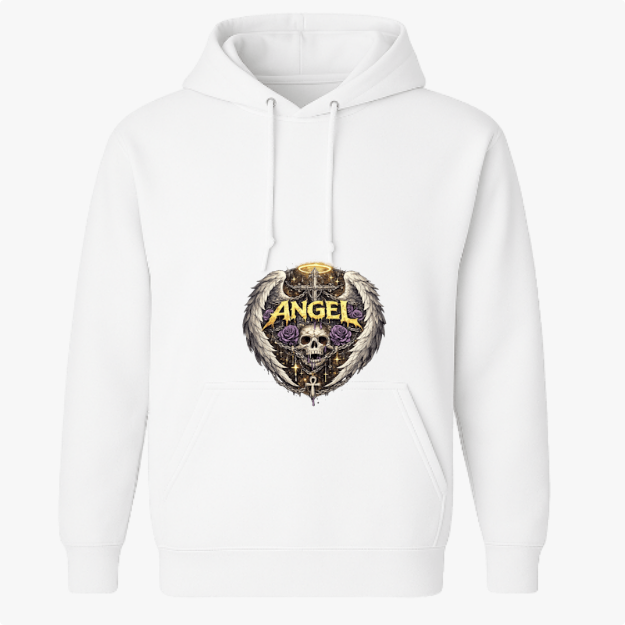 Moletom com estampa frontal de um crânio central, rodeado por asas detalhadas e rosas, com uma auréola dourada acima e a palavra "Angel" em destaque.