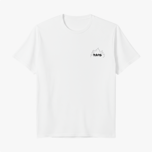 Camiseta com estampa frontal de contorno de chamas acima de texto que diz "RAGE".