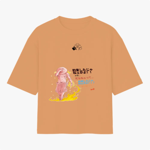 Camiseta com estampa frontal de personagem em posição dinâmica com texto em estilo japonês, e estampa traseira de quadrinhos com cenas e personagens em contraste.