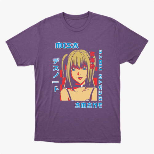 Camiseta com estampa frontal de uma personagem anime com cabelos longos, acompanhada de textos em estilo japonês ao redor.