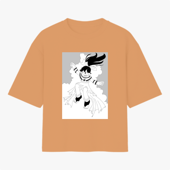 Camiseta com estampa frontal de personagem sorridente em pose flutuante, com cabelo esvoaçante, envolvendo-se em nuvens de estilo gráfico detalhado.