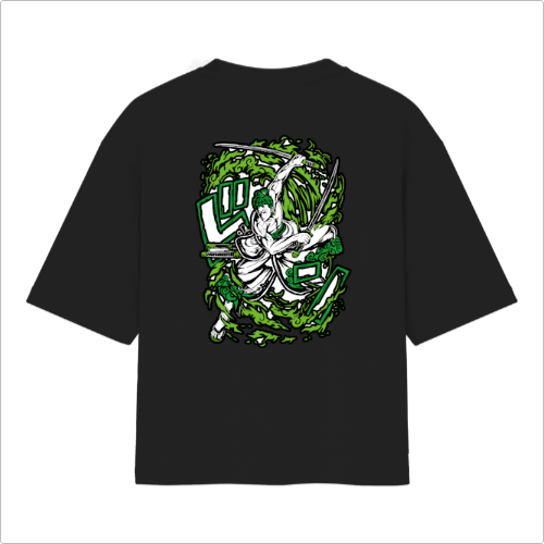 Camiseta com estampa frontal de caracteres estilizados e estampa traseira de figura guerreira empunhando espadas, rodeada por um redemoinho vibrante.