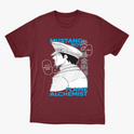 Camiseta com estampa frontal de personagem estilo mangá em perfil, com chapéu militar, acompanhada de textos como "Mustang Roy" e "Flame Alchemist".