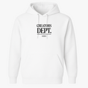 Moletom com estampa frontal de texto "CREATORS DEPT." em fonte estilizada, acompanhado por uma frase menor abaixo, incluindo um pequeno logotipo oval.