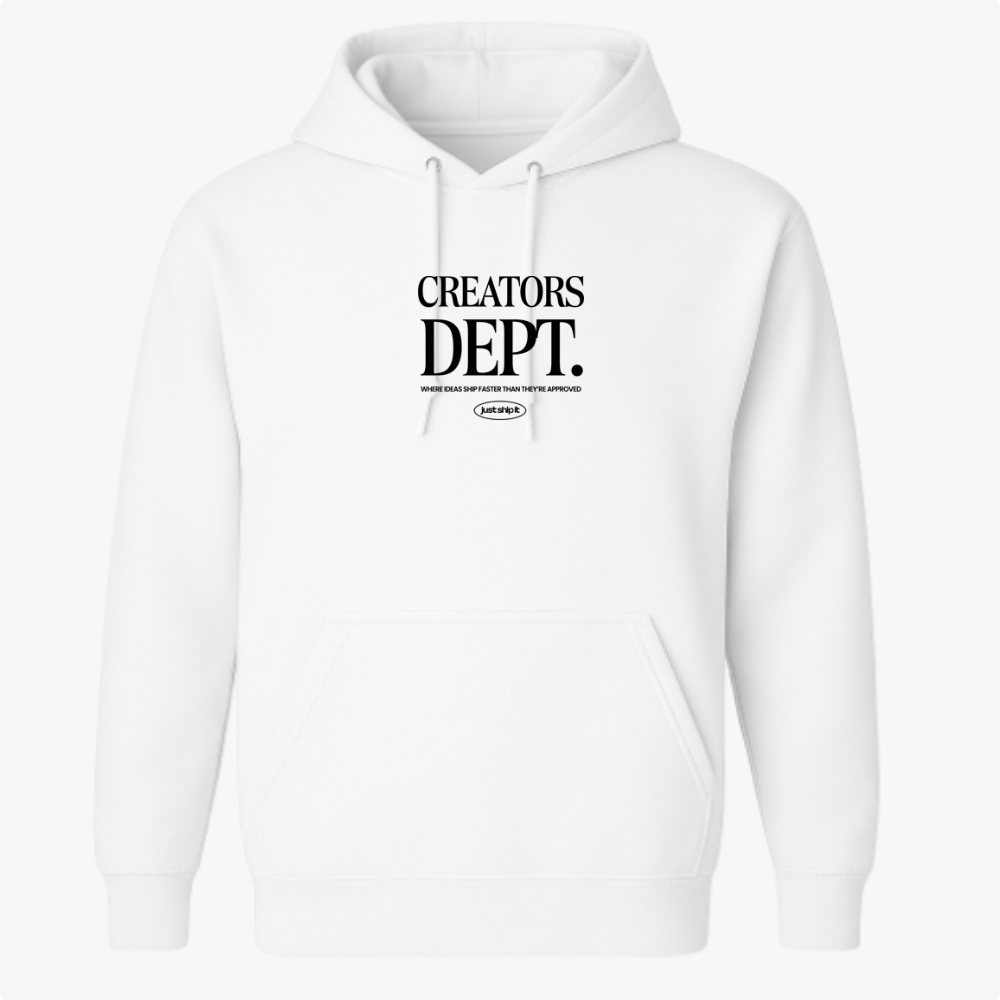 Moletom com estampa frontal de texto "CREATORS DEPT." em fonte estilizada, acompanhado por uma frase menor abaixo, incluindo um pequeno logotipo oval.