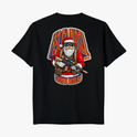 Camiseta com estampa frontal de um pequeno logotipo retangular com a palavra "Legion" e estampa traseira de Papai Noel armado com mensagem "Feliz Natal, câmbio desligo".