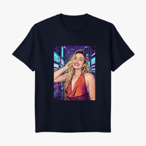 Camiseta com estampa frontal de retrato feminino estilizado, destacando sorriso e vestido elegante, com fundo de cidade iluminada por painéis digitais.