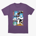 Camiseta com estampa frontal de personagem em estilo quadrinhos, mostrando várias expressões e poses, com elementos gráficos ao redor.