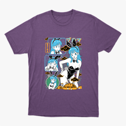 Camiseta com estampa frontal de personagem em estilo quadrinhos, mostrando várias expressões e poses, com elementos gráficos ao redor.