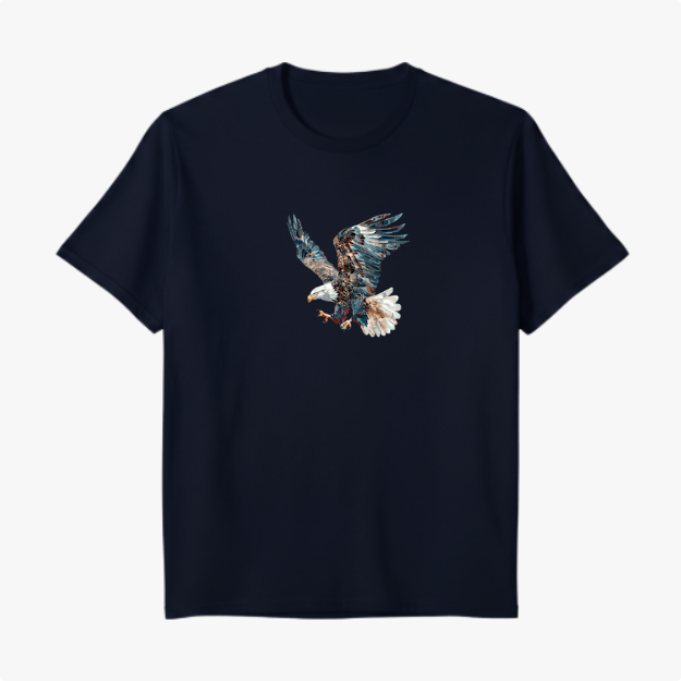 Camiseta com estampa frontal de águia em voo, capturando detalhes nas asas abertas e penas texturizadas, expressando movimento e precisão.