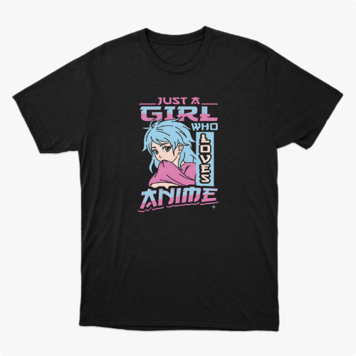 Camiseta com estampa frontal de ilustração de garota de cabelo azul e textos estilizados “Just a girl who loves anime” em fonte desenhada e moderna.