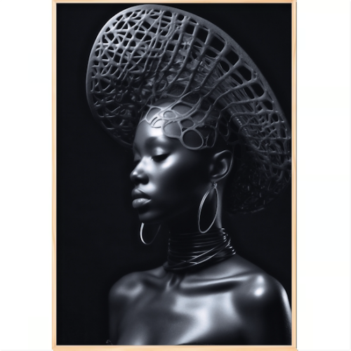Quadro com estampa de mulher em perfil, usando chapéu intricado com padrão geométrico, grandes argolas nas orelhas e uma textura metálica marcante.