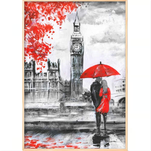 Quadro com estampa de casal com guarda-chuva vermelho em frente ao Big Ben, sobre uma paisagem urbana com folhas caindo ao fundo.