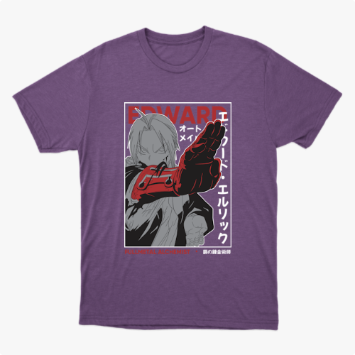Camiseta com estampa frontal de personagem estilizado em tons de cinza e vermelho, com elementos de design geométrico e texto ao redor.